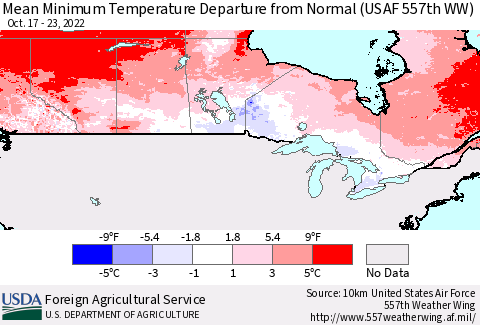 Canada Mean Minimum Temperature Departure from Normal (USAF 557th WW) Thematic Map For 10/17/2022 - 10/23/2022
