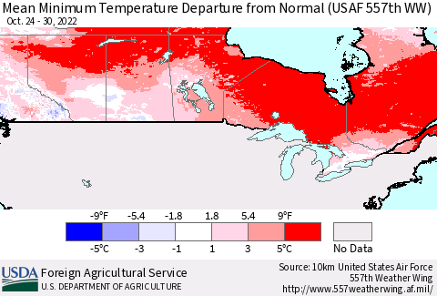 Canada Mean Minimum Temperature Departure from Normal (USAF 557th WW) Thematic Map For 10/24/2022 - 10/30/2022