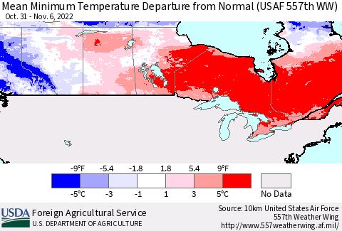 Canada Mean Minimum Temperature Departure from Normal (USAF 557th WW) Thematic Map For 10/31/2022 - 11/6/2022
