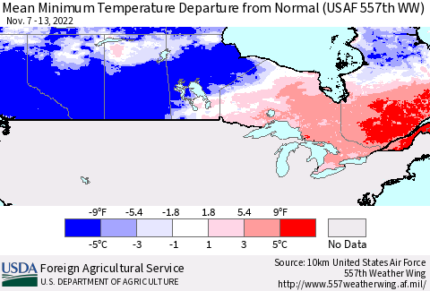 Canada Mean Minimum Temperature Departure from Normal (USAF 557th WW) Thematic Map For 11/7/2022 - 11/13/2022