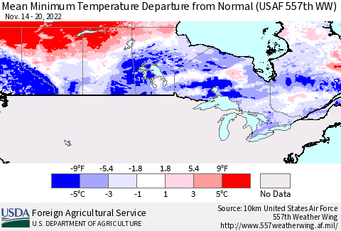 Canada Mean Minimum Temperature Departure from Normal (USAF 557th WW) Thematic Map For 11/14/2022 - 11/20/2022