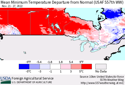 Canada Mean Minimum Temperature Departure from Normal (USAF 557th WW) Thematic Map For 11/21/2022 - 11/27/2022