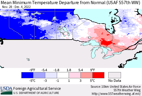 Canada Mean Minimum Temperature Departure from Normal (USAF 557th WW) Thematic Map For 11/28/2022 - 12/4/2022