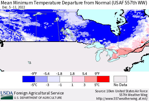 Canada Mean Minimum Temperature Departure from Normal (USAF 557th WW) Thematic Map For 12/5/2022 - 12/11/2022