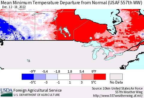 Canada Mean Minimum Temperature Departure from Normal (USAF 557th WW) Thematic Map For 12/12/2022 - 12/18/2022