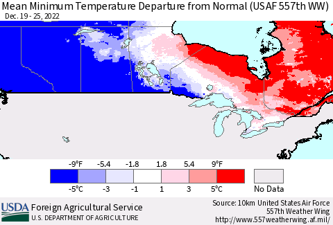 Canada Mean Minimum Temperature Departure from Normal (USAF 557th WW) Thematic Map For 12/19/2022 - 12/25/2022