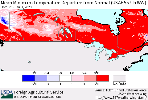 Canada Mean Minimum Temperature Departure from Normal (USAF 557th WW) Thematic Map For 12/26/2022 - 1/1/2023