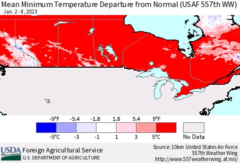 Canada Mean Minimum Temperature Departure from Normal (USAF 557th WW) Thematic Map For 1/2/2023 - 1/8/2023