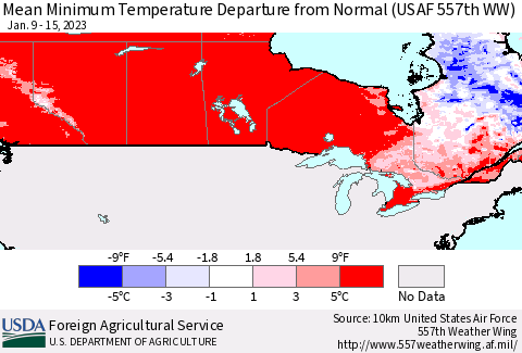 Canada Mean Minimum Temperature Departure from Normal (USAF 557th WW) Thematic Map For 1/9/2023 - 1/15/2023