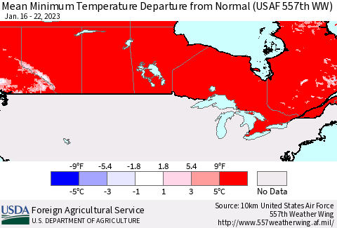 Canada Mean Minimum Temperature Departure from Normal (USAF 557th WW) Thematic Map For 1/16/2023 - 1/22/2023