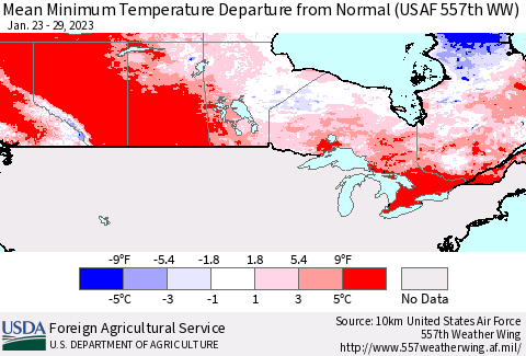 Canada Mean Minimum Temperature Departure from Normal (USAF 557th WW) Thematic Map For 1/23/2023 - 1/29/2023