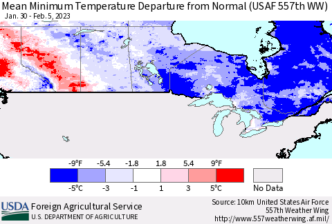 Canada Mean Minimum Temperature Departure from Normal (USAF 557th WW) Thematic Map For 1/30/2023 - 2/5/2023