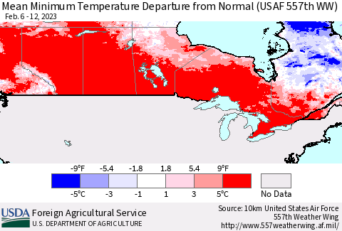 Canada Mean Minimum Temperature Departure from Normal (USAF 557th WW) Thematic Map For 2/6/2023 - 2/12/2023
