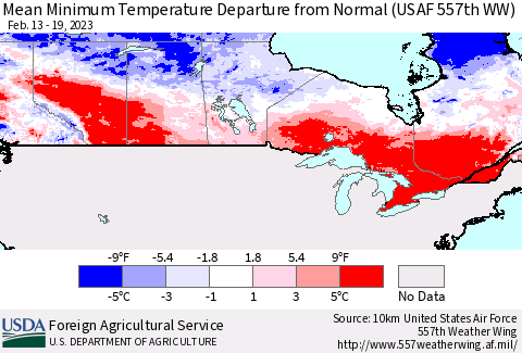 Canada Mean Minimum Temperature Departure from Normal (USAF 557th WW) Thematic Map For 2/13/2023 - 2/19/2023