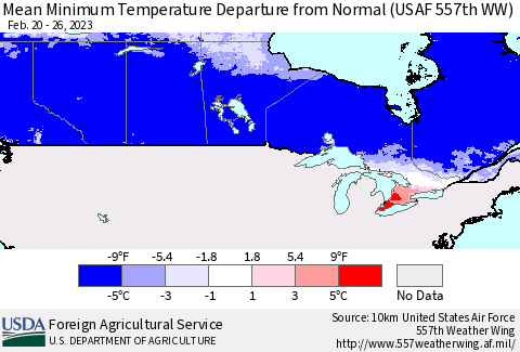 Canada Mean Minimum Temperature Departure from Normal (USAF 557th WW) Thematic Map For 2/20/2023 - 2/26/2023