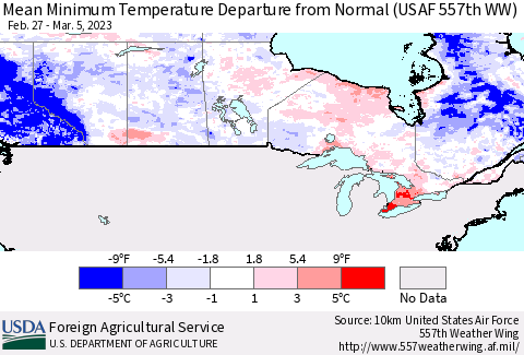 Canada Mean Minimum Temperature Departure from Normal (USAF 557th WW) Thematic Map For 2/27/2023 - 3/5/2023