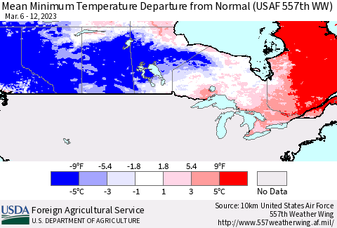 Canada Mean Minimum Temperature Departure from Normal (USAF 557th WW) Thematic Map For 3/6/2023 - 3/12/2023