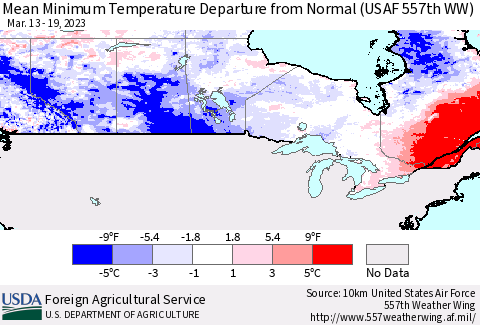 Canada Mean Minimum Temperature Departure from Normal (USAF 557th WW) Thematic Map For 3/13/2023 - 3/19/2023