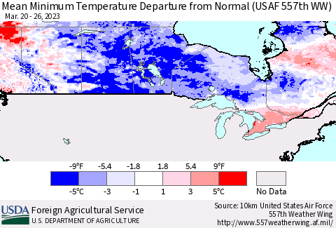 Canada Mean Minimum Temperature Departure from Normal (USAF 557th WW) Thematic Map For 3/20/2023 - 3/26/2023