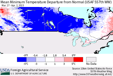 Canada Mean Minimum Temperature Departure from Normal (USAF 557th WW) Thematic Map For 3/27/2023 - 4/2/2023