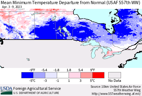 Canada Mean Minimum Temperature Departure from Normal (USAF 557th WW) Thematic Map For 4/3/2023 - 4/9/2023