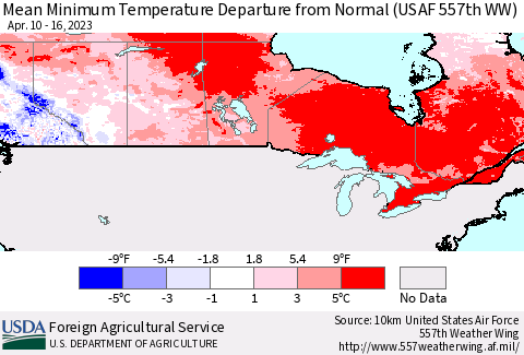 Canada Mean Minimum Temperature Departure from Normal (USAF 557th WW) Thematic Map For 4/10/2023 - 4/16/2023