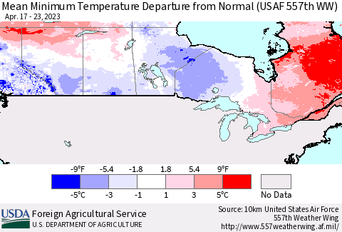 Canada Mean Minimum Temperature Departure from Normal (USAF 557th WW) Thematic Map For 4/17/2023 - 4/23/2023