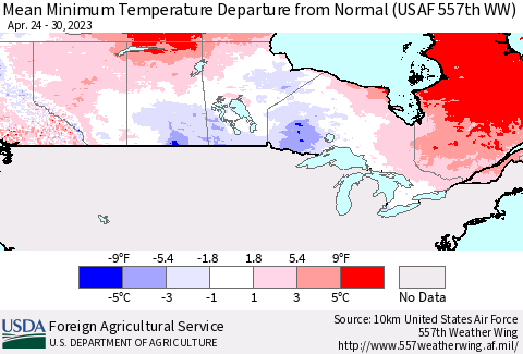 Canada Mean Minimum Temperature Departure from Normal (USAF 557th WW) Thematic Map For 4/24/2023 - 4/30/2023
