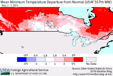 Canada Mean Minimum Temperature Departure from Normal (USAF 557th WW) Thematic Map For 5/1/2023 - 5/7/2023