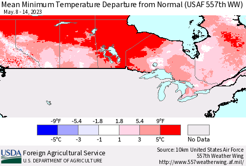 Canada Mean Minimum Temperature Departure from Normal (USAF 557th WW) Thematic Map For 5/8/2023 - 5/14/2023