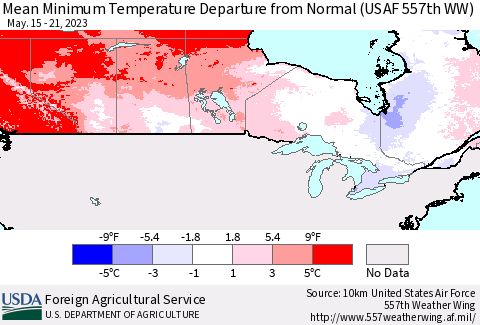Canada Mean Minimum Temperature Departure from Normal (USAF 557th WW) Thematic Map For 5/15/2023 - 5/21/2023