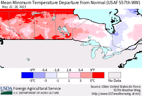 Canada Mean Minimum Temperature Departure from Normal (USAF 557th WW) Thematic Map For 5/22/2023 - 5/28/2023