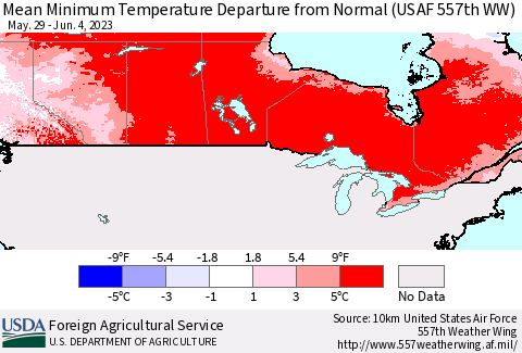 Canada Mean Minimum Temperature Departure from Normal (USAF 557th WW) Thematic Map For 5/29/2023 - 6/4/2023