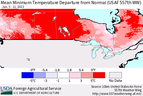 Canada Mean Minimum Temperature Departure from Normal (USAF 557th WW) Thematic Map For 6/5/2023 - 6/11/2023
