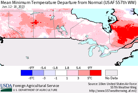 Canada Mean Minimum Temperature Departure from Normal (USAF 557th WW) Thematic Map For 6/12/2023 - 6/18/2023