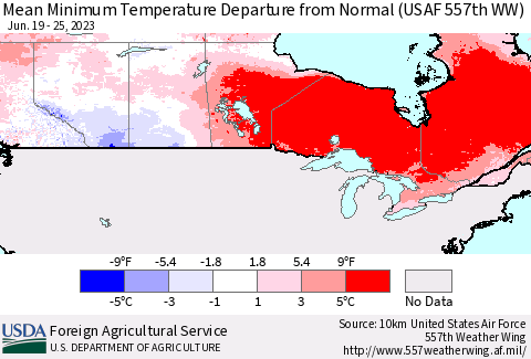 Canada Mean Minimum Temperature Departure from Normal (USAF 557th WW) Thematic Map For 6/19/2023 - 6/25/2023