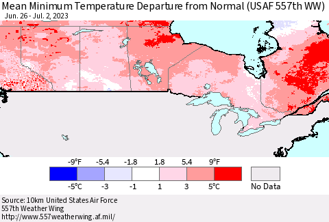 Canada Mean Minimum Temperature Departure from Normal (USAF 557th WW) Thematic Map For 6/26/2023 - 7/2/2023