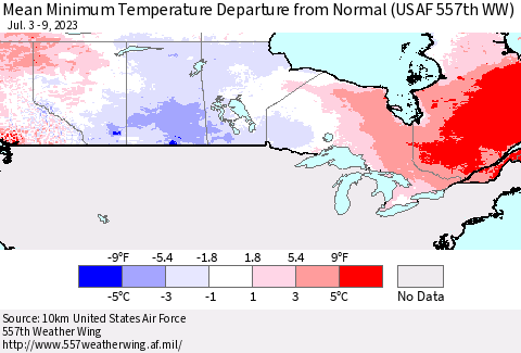 Canada Mean Minimum Temperature Departure from Normal (USAF 557th WW) Thematic Map For 7/3/2023 - 7/9/2023