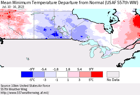 Canada Mean Minimum Temperature Departure from Normal (USAF 557th WW) Thematic Map For 7/10/2023 - 7/16/2023