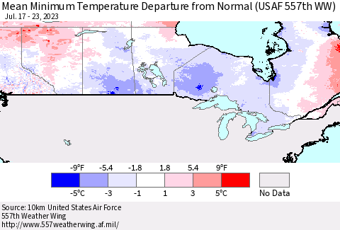 Canada Mean Minimum Temperature Departure from Normal (USAF 557th WW) Thematic Map For 7/17/2023 - 7/23/2023