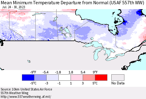 Canada Mean Minimum Temperature Departure from Normal (USAF 557th WW) Thematic Map For 7/24/2023 - 7/30/2023