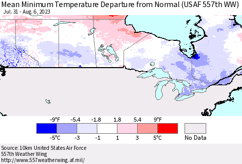 Canada Mean Minimum Temperature Departure from Normal (USAF 557th WW) Thematic Map For 7/31/2023 - 8/6/2023