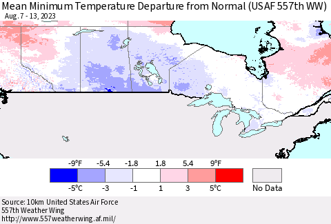 Canada Mean Minimum Temperature Departure from Normal (USAF 557th WW) Thematic Map For 8/7/2023 - 8/13/2023