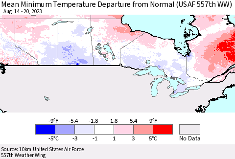 Canada Mean Minimum Temperature Departure from Normal (USAF 557th WW) Thematic Map For 8/14/2023 - 8/20/2023