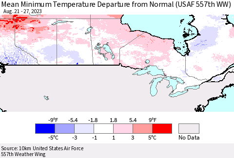 Canada Mean Minimum Temperature Departure from Normal (USAF 557th WW) Thematic Map For 8/21/2023 - 8/27/2023