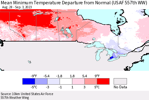 Canada Mean Minimum Temperature Departure from Normal (USAF 557th WW) Thematic Map For 8/28/2023 - 9/3/2023