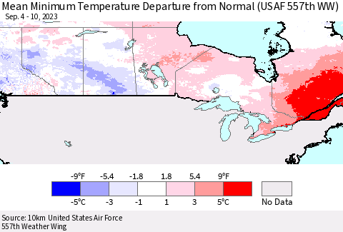 Canada Mean Minimum Temperature Departure from Normal (USAF 557th WW) Thematic Map For 9/4/2023 - 9/10/2023