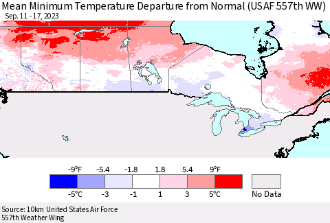 Canada Mean Minimum Temperature Departure from Normal (USAF 557th WW) Thematic Map For 9/11/2023 - 9/17/2023