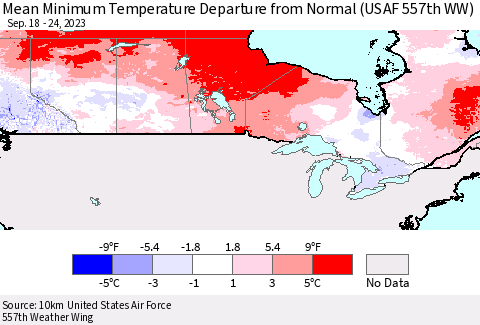 Canada Mean Minimum Temperature Departure from Normal (USAF 557th WW) Thematic Map For 9/18/2023 - 9/24/2023