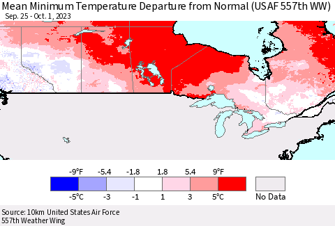 Canada Mean Minimum Temperature Departure from Normal (USAF 557th WW) Thematic Map For 9/25/2023 - 10/1/2023